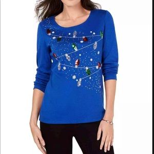 Karen Scott Embellished Blue Holiday Knit Top